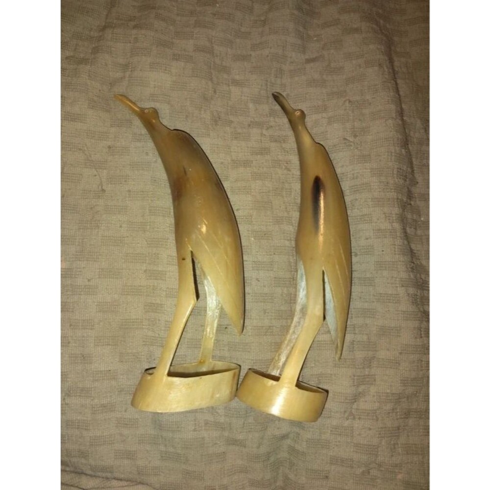 2 Mid Century Modern Carved Horn Bird Heron